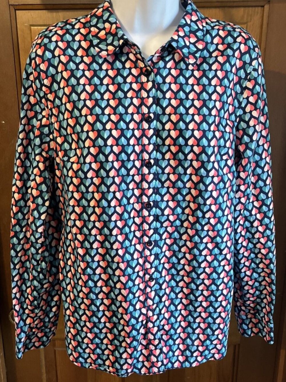 Talbots Size  M Hearts Button Up Roll Tab Long Sleeve Shirt 100% Cotton